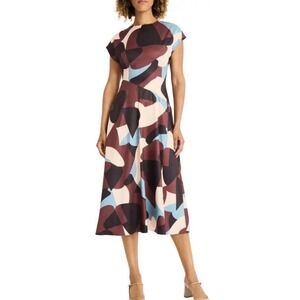 Maggy London Abstract Geometric Print Midi Dress Brown Blue Black Size 6 NWT